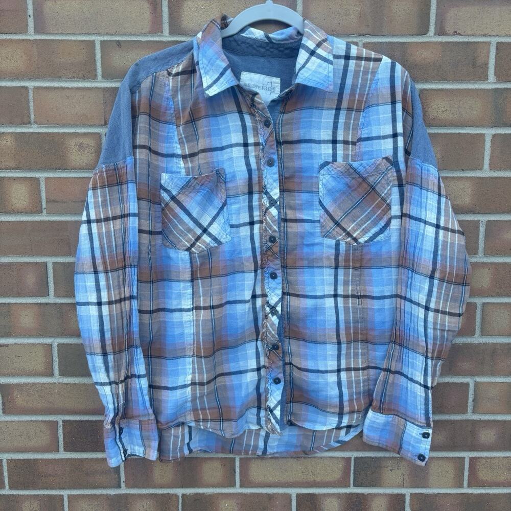 Free People We The Free Blue Combo Lightweight Plaid Blouse Womens L Boho Fall